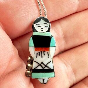 Native American Zuni Maiden Pendant Theresa Waseta Inlay Gemstone Necklace